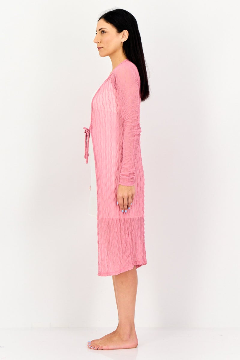 Bershka Women Tie Closure Mesh Long Sleeve Sleepwear, Pink - Image 2