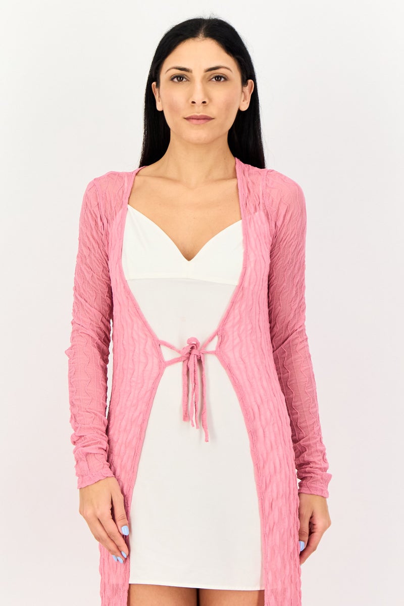 Bershka Women Tie Closure Mesh Long Sleeve Sleepwear, Pink - Image 3