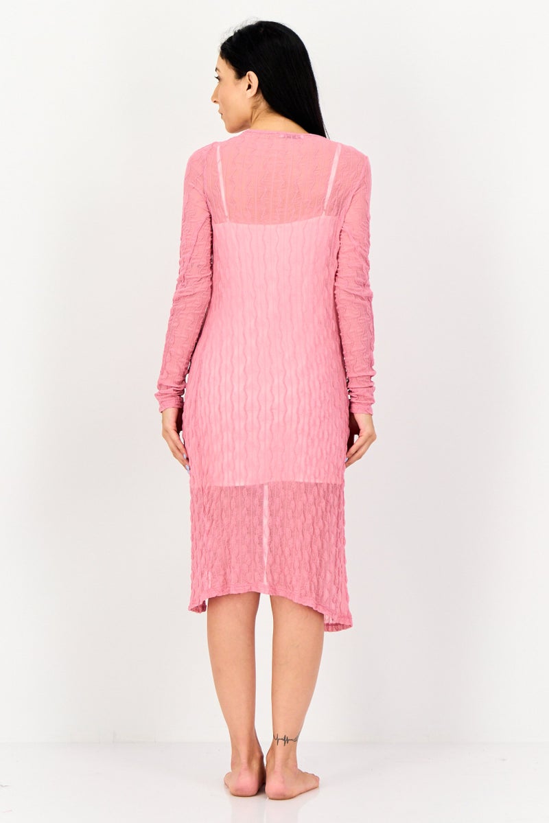 Bershka Women Tie Closure Mesh Long Sleeve Sleepwear, Pink - Image 4