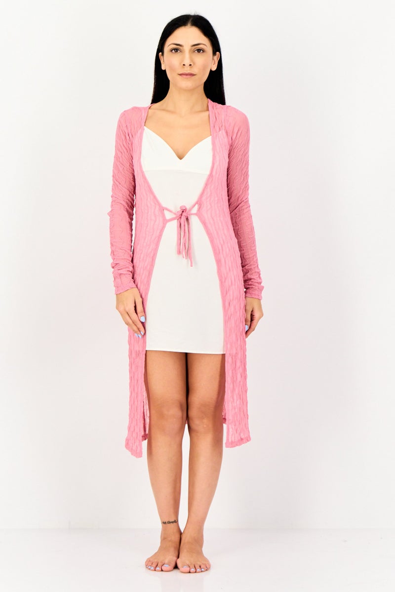 Bershka Women Tie Closure Mesh Long Sleeve Sleepwear, Pink - Image 1
