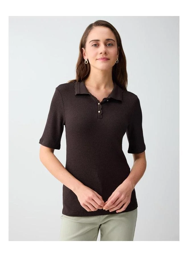 Jimmy Key Dark Coffee Polo Collar Short Sleeve Knitted Blouse.