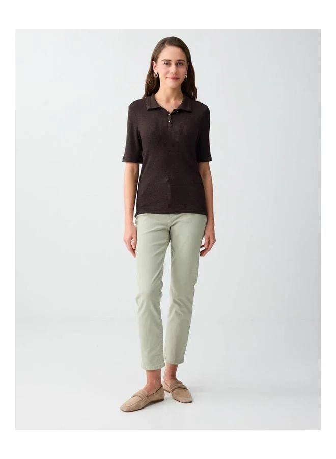 Jimmy Key Dark Coffee Polo Collar Short Sleeve Knitted Blouse.
