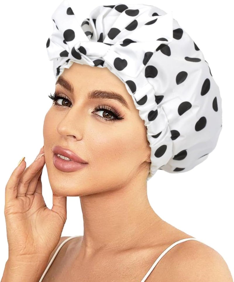 Excefore Repeated detach compatible build Luxury Waterproof Shower Cap for Women, Reusable Adjustable Bowknot Hair Bath Cap, Soft Comfortable Fit, Travel Friendly Hair Protection from Water, Moisture and Frizz (White) Simple multi-feature universal build - Image 1