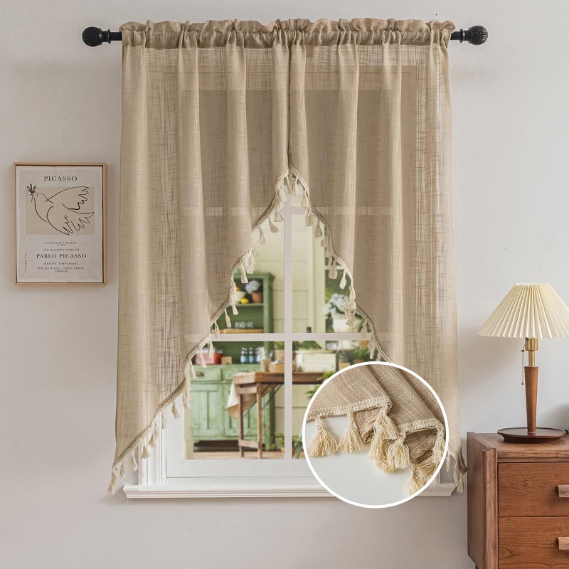 BD BEDA HOME Beda Home Tassel Linen Textured Swag Curtain Valance for Farmhouses Kitchen Light Filtering Rustic Short Swag Topper for Small Windows Bedroom Privacy Added Rod Pocket Design 36W x 63L Brown - Image 2