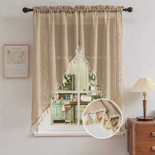 BD BEDA HOME Beda Home Tassel Linen Textured Swag Curtain Valance for Farmhouses Kitchen Light Filtering Rustic Short Swag Topper for Small Windows Bedroom Privacy Added Rod Pocket Design 36W x 63L Brown - Image 1