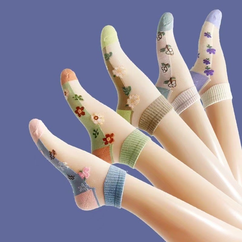 Summer Socks Women'S Ice Silk Short Socks Thin Flower Ins Trendy Glass Silk Mesh Red Sweat Absorbing Breathable Cass Boat Socks - Image 5