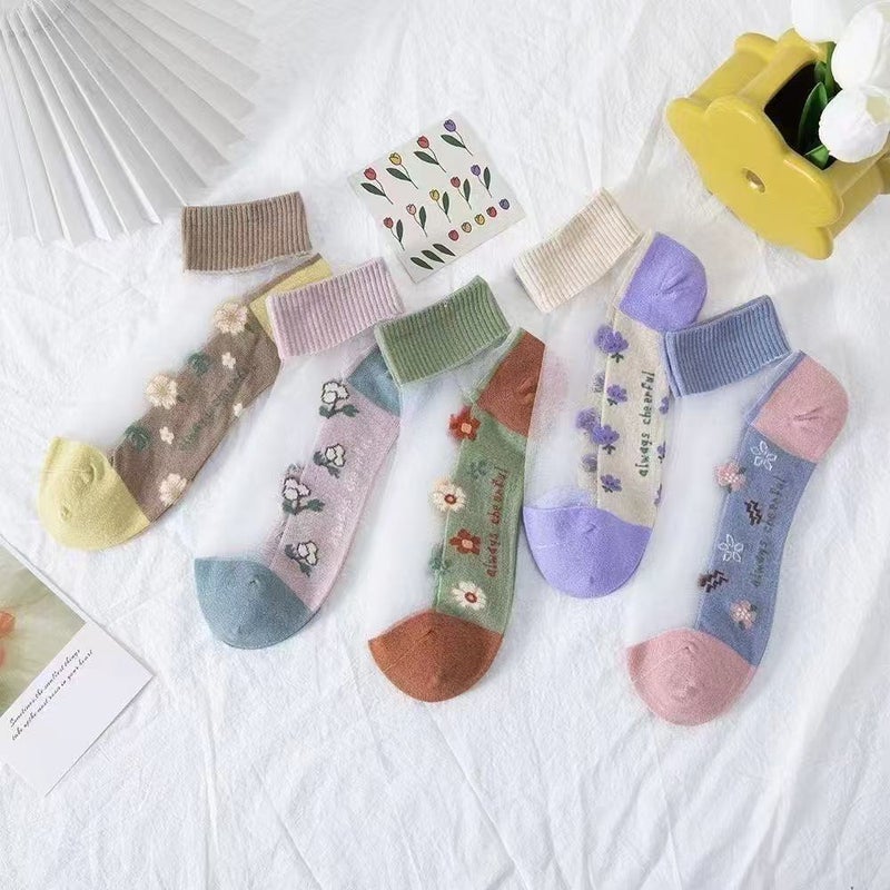 Summer Socks Women'S Ice Silk Short Socks Thin Flower Ins Trendy Glass Silk Mesh Red Sweat Absorbing Breathable Cass Boat Socks - Image 4