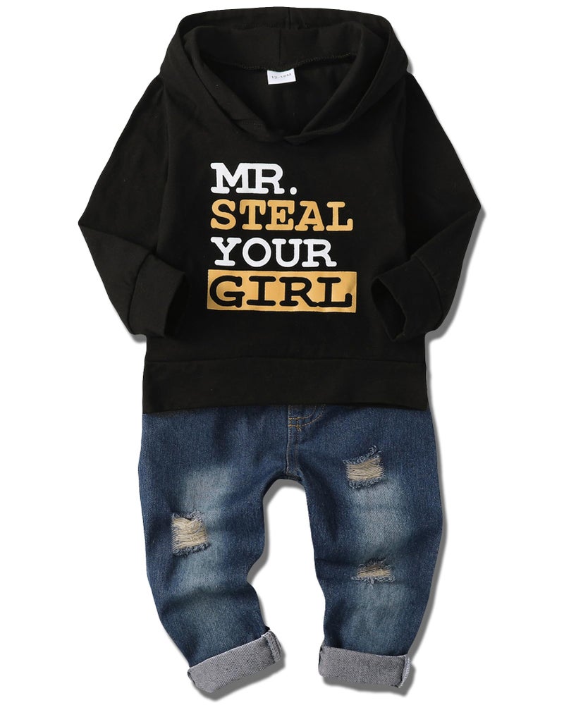 YALLET YALLET 1218 Months Toddler Baby Boy Clothes 2pcs Fall Winter Outfit Sets Long Sleeve Letter Hoodies TopRipped Denim Pants