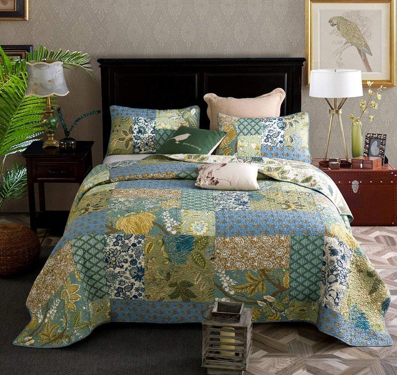 غطاء سرير كويفر باتش وورك مزدوج 100 قطن بتصميم ريترو شيك مزخرف بنقوش بايسلي وزهور 230x230 سم مع 2 غطاء وسادة
