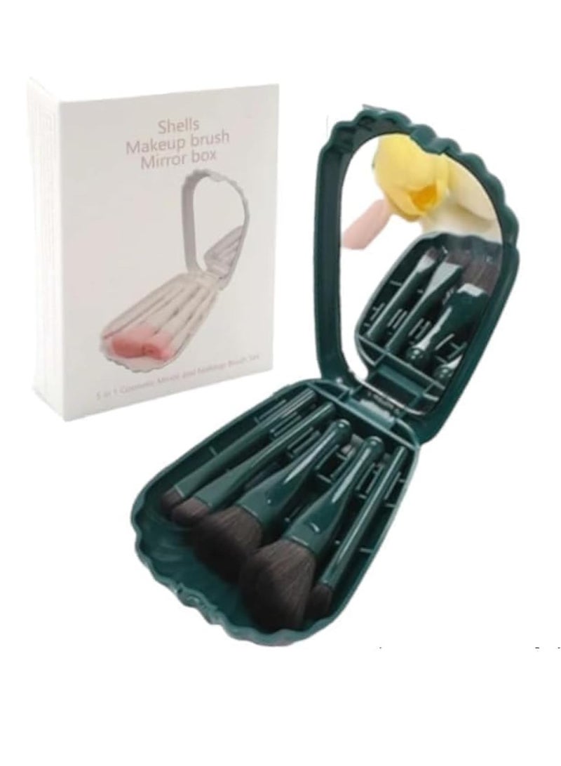 Professional Makeup Brush Set in Seashell Case with Mirror for Applying Powder, Lipstick, Eyeshadow and Cosmetics (Green) - Image 1