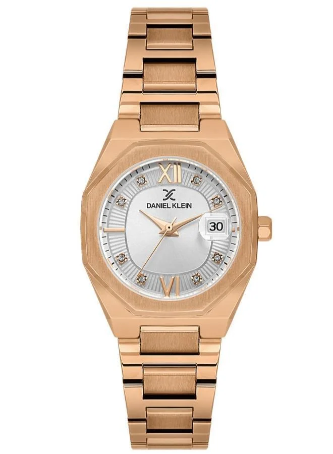 Daniel Klein Women's Stainless Steel Rose Gold Alloy Case Analog Silver Round Emboss Dial Japanese Quartz Premium 30 Meters Water Resistant