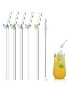 Beauenty Colorful erfly Design Reusable Glass Straws - 7.8 x 8mm, Set of 5 with Cleaning Brush, Perfect for Smoothies, Milkshakes, Juices, and Teas. Eco-Friendly and Stylish!  - Image 1