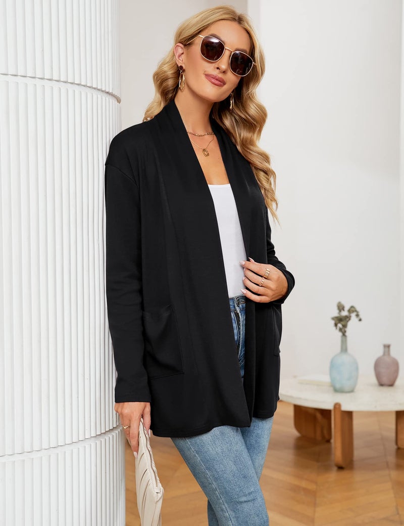 Micoson Women's Open Front Lightweight Black Cardigan Casual Loose Long Sleeve Cardigans with Pockets S - Image 4