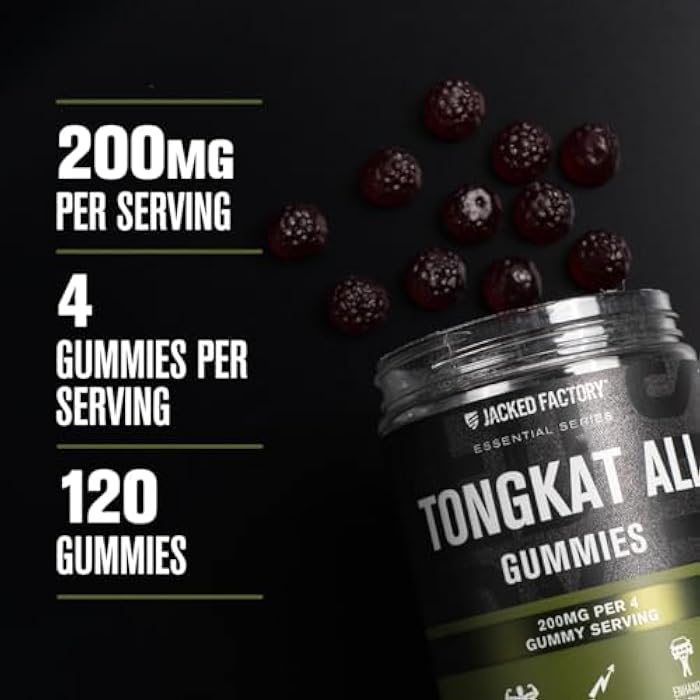 Jacked Factory Tongkat Ali Gummies - 100:1 Tongkat-Ali (Eurycoma Longifolia) Extract for Enhanced Vitality, Improved Energy Levels, Increased Strength, & Lean Muscle Growth - 120 Count, Tart Cherry - Image 2