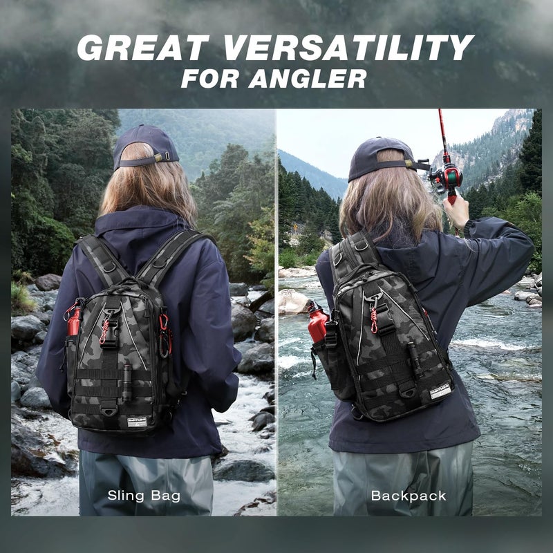 Ghosthorn Fishing Backpack Tackle Sling Bag - Fishing Backpack with Rod Holder - Tackle Box Fly Fishing Gifts for Men Women (black camouflage) - Image 2