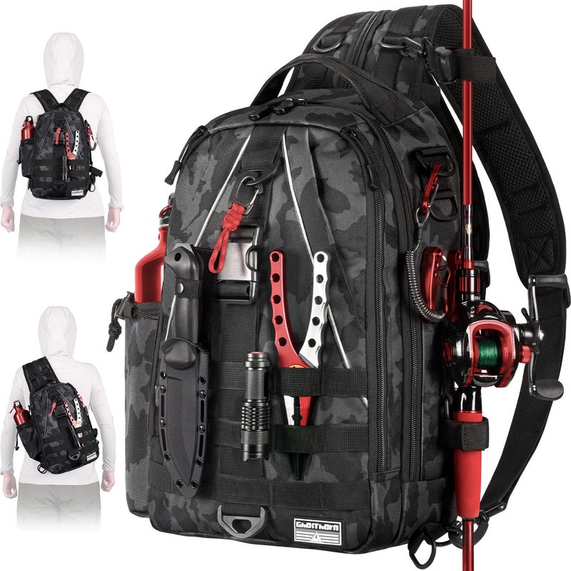 Ghosthorn Fishing Backpack Tackle Sling Bag - Fishing Backpack with Rod Holder - Tackle Box Fly Fishing Gifts for Men Women (black camouflage) - Image 1