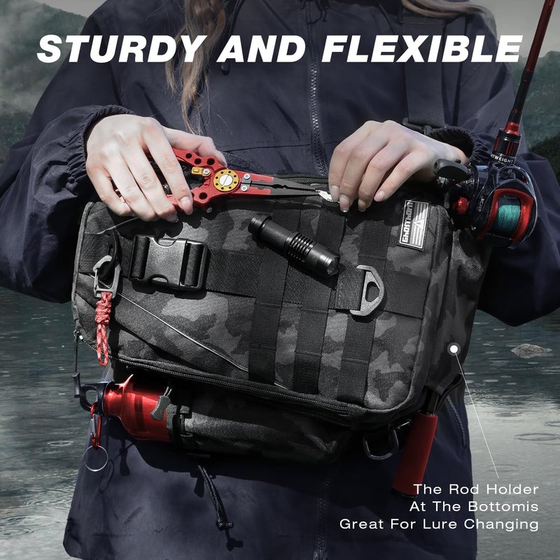 Ghosthorn Fishing Backpack Tackle Sling Bag - Fishing Backpack with Rod Holder - Tackle Box Fly Fishing Gifts for Men Women (black camouflage) - Image 5