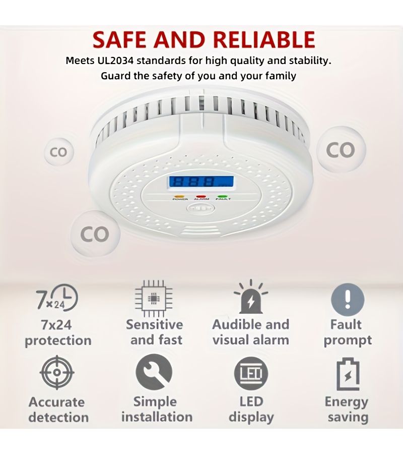 Portable Air Quality Monitor White For Carbon Monoxide Detection Battery Powered Easy Installation Digital Display - Image 1