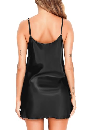 Vlazom Women Sexy Lingerie Satin Nightgown Spaghetti Strap Short Negligee Nightdress Chemise Slip with Deep V Neck Black - Image 5