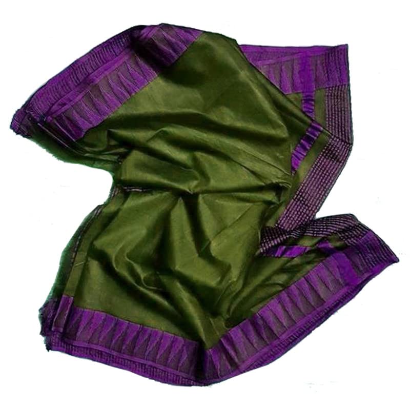 SheenKraft Women's Kota Silk Temple Border Bhagalpuri Handloom Saree With Striped Blouse Piece (Avocado Green-Purple - Image 4