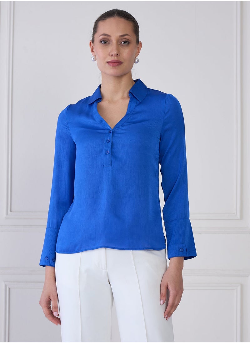 Salt Attire Women's Elegant and Versatile Collared V-Neck Shirt with Half Placket, Full-Length Cuffed Sleeves, and Modern Tailored Fit for a Polished, Refined Look  - Image 1