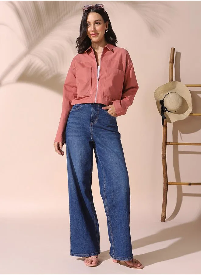 Dennis Lingo Women dusty pink relaxed fit solid full sleeves button down cotton blend shirts with zipper closure featuring a spread collar- your next go-to for effortless flair.