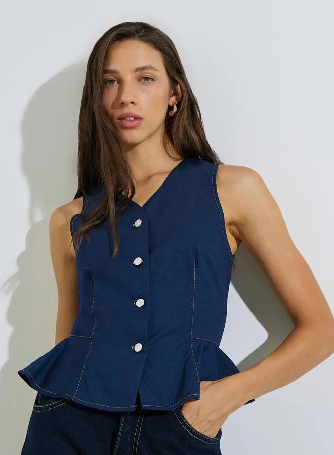 ستايلي Dark Blue Peplum Denim Waistcoat
