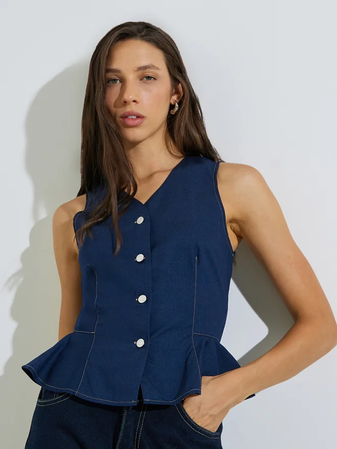 Styli Styli Dark Blue Peplum Denim Waistcoat