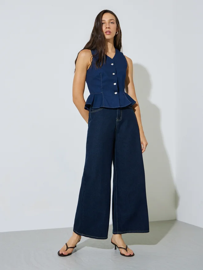 Styli Styli Dark Blue Peplum Denim Waistcoat