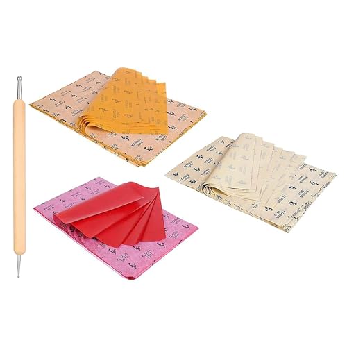 Makemore Creations Transfer Tracing Carbon Copy Paper for Drawing 30 Sheets with 1 Embossing Stylus Tools 21 x 33cm for Multiple Surfaces, Wood, MDF, Canvas, Paper, Fabric, Color - Red, Yellow, White - Image 1