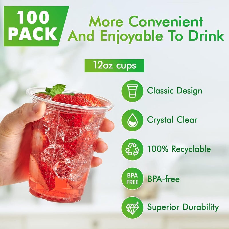 Lilymicky [100 Pack] 12 oz Clear Plastic Cups, PET Disposable Drinking Cups, 12 oz Plastic Cups, Perfect for Ice Coffee, Smoothie, Soda, or Any Cold Drinks - Image 2