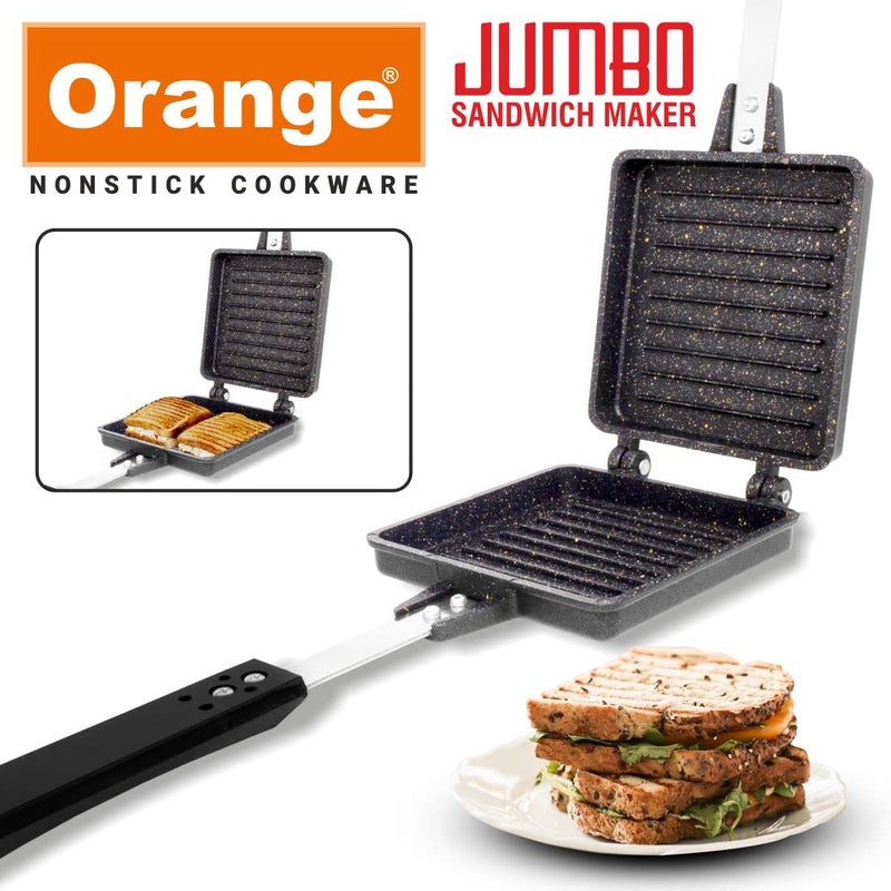 Orange Aluminium Non-Stick Jumbo Toast Sandwich Maker | Heavy Thickness | For Big Breads | Non-Electric 1000W | Gas Stove Compatible | Long Cool Touch Handles | Free Nylon Tongs & Scrubber - Image 2