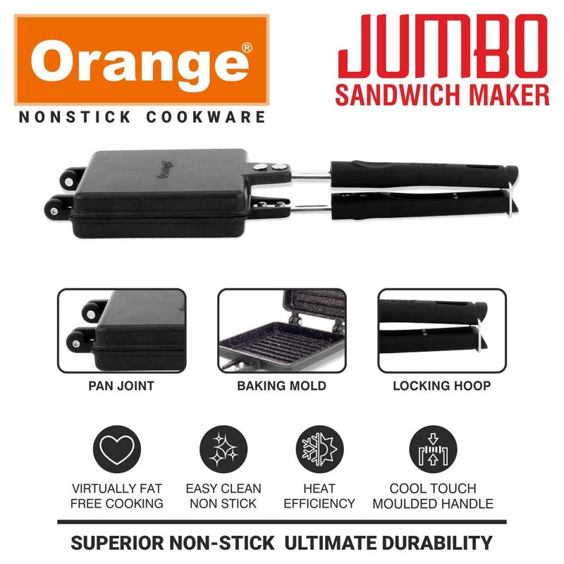 Orange Aluminium Non-Stick Jumbo Toast Sandwich Maker | Heavy Thickness | For Big Breads | Non-Electric 1000W | Gas Stove Compatible | Long Cool Touch Handles | Free Nylon Tongs & Scrubber - Image 3
