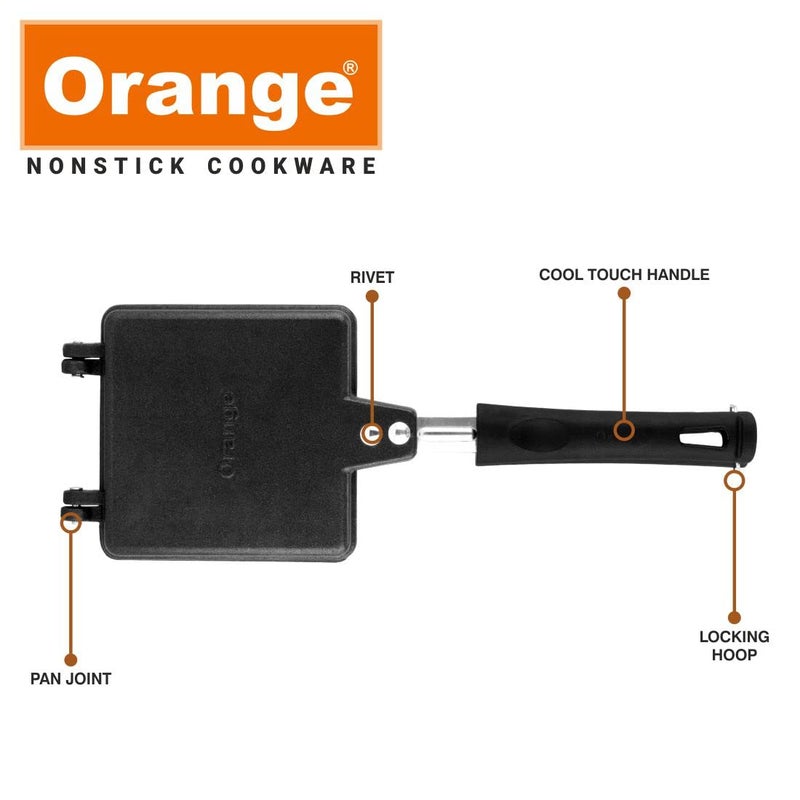 Orange Aluminium Non-Stick Jumbo Toast Sandwich Maker | Heavy Thickness | For Big Breads | Non-Electric 1000W | Gas Stove Compatible | Long Cool Touch Handles | Free Nylon Tongs & Scrubber - Image 4