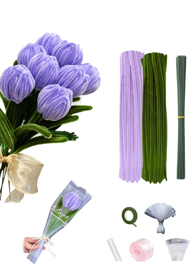Lemon Rose Pipe Cleaners for Craft, Tulip Pipe Cleaners for Craft, 30cm Green and Purple Pipe Cleaners, Fuzzy Sticks Craft Supplies, Chenille Stems with Flower Pole, Flower Core & Gardening Tape, Arts & Crafts for DIY(8 Flowers) - Image 1