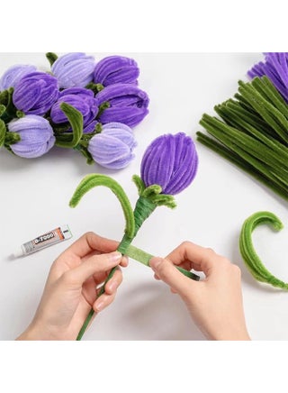 Rose Pipe Cleaners for Craft, Tulip Pipe Cleaners for Craft, 30cm Green and Purple Pipe Cleaners, Fuzzy Sticks Craft Supplies, Chenille Stems with Flower Pole, Flower Core & Gardening Tape, Arts & Crafts for DIY(8 Flowers) - view 4