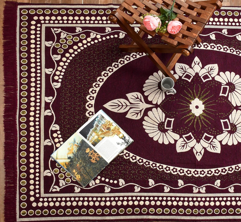 Purav Light Floral Design Cotton Carpet 5x7 feet for Living Room Bedroom Home Decor Carpets Mat (Wine Color) - Image 1