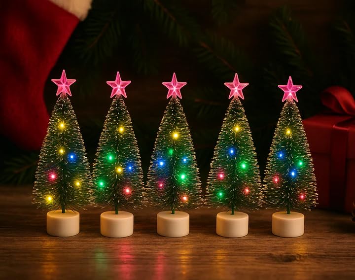 CORALTREE CORAL TREE Set of 5 LED Fiber Optic Mini Christmas Trees – Color-Changing, Battery Operated - Image 1