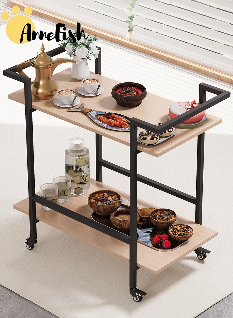 AnneFish 2 Tier Rolling Serving Trolley Home Dining Serving Cart with Wheels and Storage Shelves Beverage Cart with Protective Rails for Kitchen Dining Living Room - Image 1