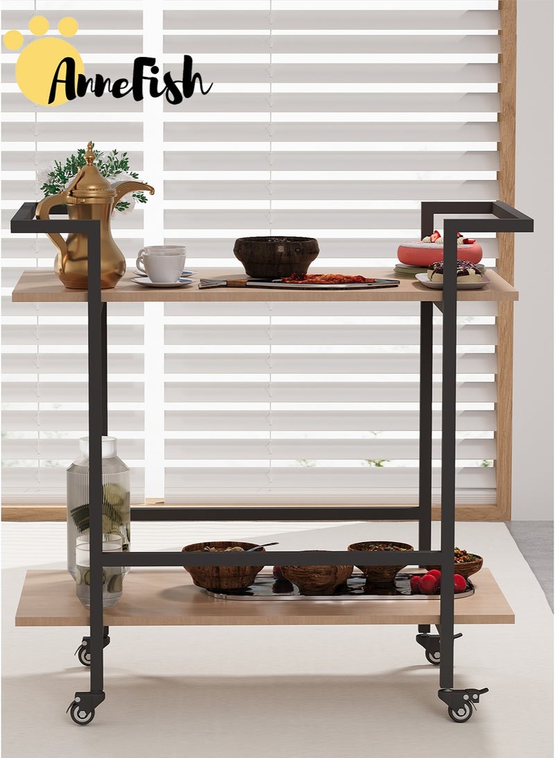 AnneFish 2 Tier Rolling Serving Trolley Home Dining Serving Cart with Wheels and Storage Shelves Beverage Cart with Protective Rails for Kitchen Dining Living Room - Image 2