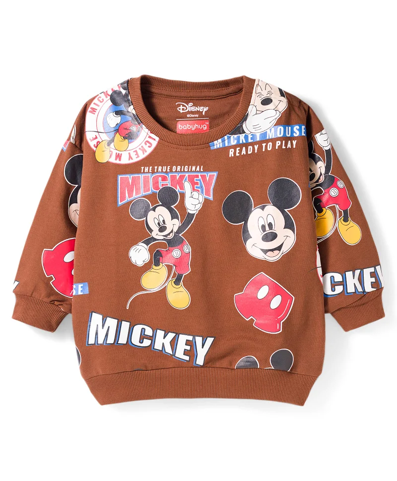 Babyhug Disney Babyhug Disney Terry Knit Full Sleeves Co-ords T-Shirt & Lounge Pant Set with Mickey Mouse Print - Brown