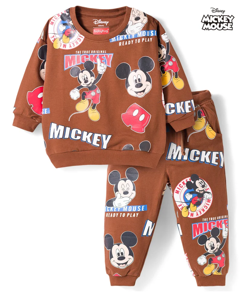 Babyhug Disney Babyhug Disney Terry Knit Full Sleeves Co-ords T-Shirt & Lounge Pant Set with Mickey Mouse Print - Brown