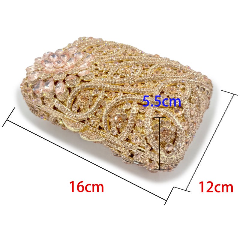 Flower Pattern Handmade Diamond-Encrusted Handbag Women'S Evening Bag Hollow Metal Hard Box Full Diamond Hand-Held Women'S Bag - Image 3
