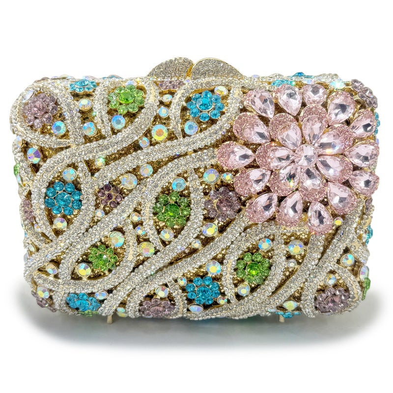 Flower Pattern Handmade Diamond-Encrusted Handbag Women'S Evening Bag Hollow Metal Hard Box Full Diamond Hand-Held Women'S Bag - Image 1