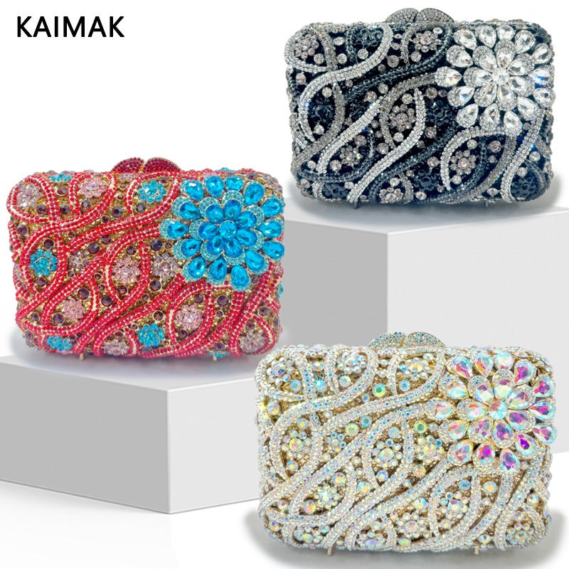 Flower Pattern Handmade Diamond-Encrusted Handbag Women'S Evening Bag Hollow Metal Hard Box Full Diamond Hand-Held Women'S Bag - Image 2