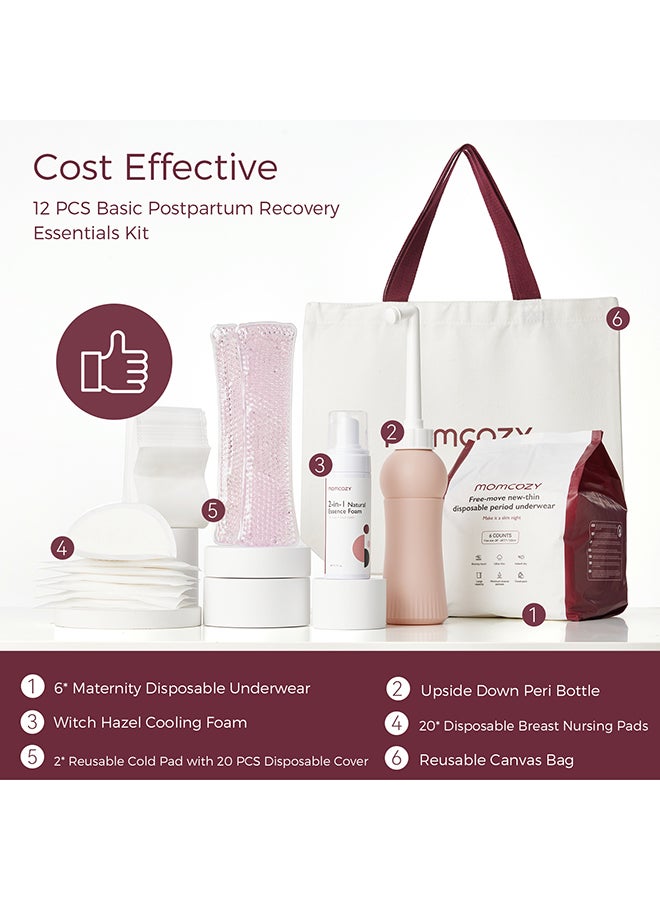 مام كوزي مجموعة رعاية الأم أثناء الولادة، ملابس داخلية ذاتية الامتصاص للاستخدام مرة واحدة، وسادات رضاعة للحلمات، وزجاجة بيرى مقلوبة، ووسادات تبريد إسفنجية، ومجموعة حقائب قماشية (12 قطعة) - Image 2