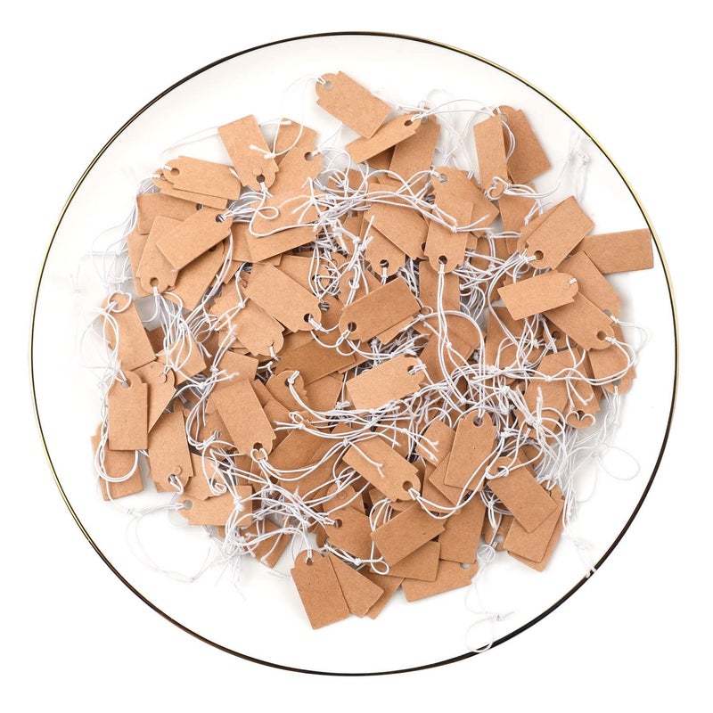 Prudiut 200 Pcs Price Tags, Small Tags with Elastic String, Jewelry Price Tag Writable Kraft Gift Tag for Christmas Gift Clothes Jewelry Stocking Stuffers (Brown,1.02Ã—0.47inch) - Image 1