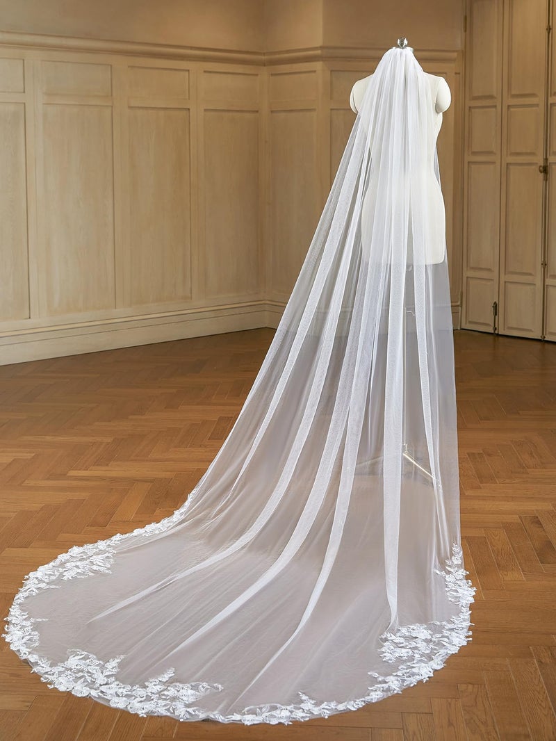 AiberLisha Cathedral Length Wedding Bridal Veil with Comb Lace Floral Off White - Image 2