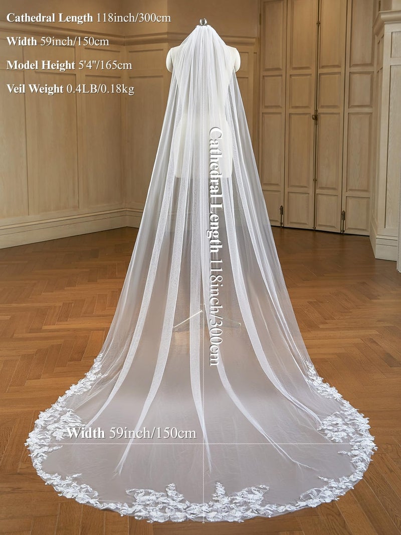 AiberLisha Cathedral Length Wedding Bridal Veil with Comb Lace Floral Off White - Image 3