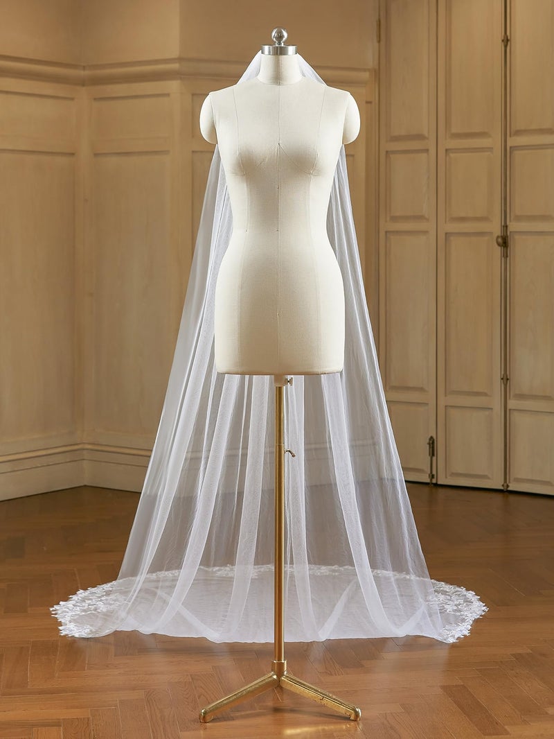 AiberLisha Cathedral Length Wedding Bridal Veil with Comb Lace Floral Off White - Image 5